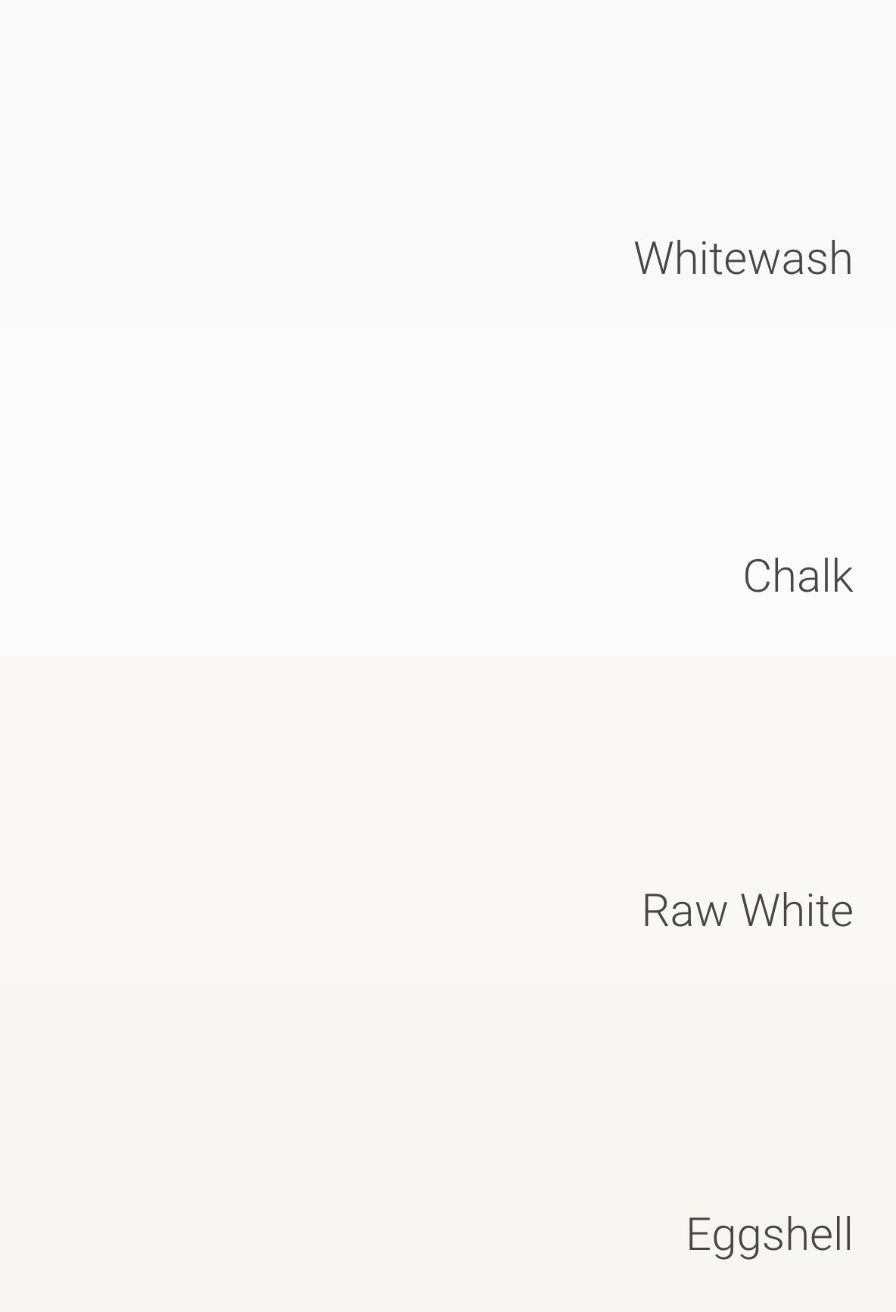 Colour palette comparing the Coastal Garden Pot Paint Collection shades of whites: Whitewash, Chalk, Raw White and Eggshell. | © Bauwerk Colour